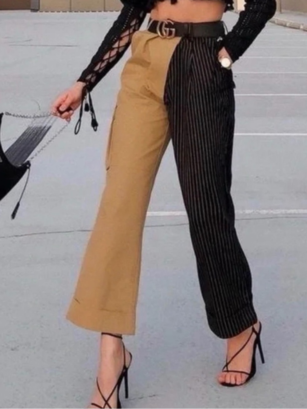 NWT Choosy High Rise Straight Leg Cargo Pants in Khaki Black Stripe Size 4